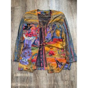 In Group Ltd Vintage Artistic Floral Abstract Rayon Tie Front Jacket Multicolor